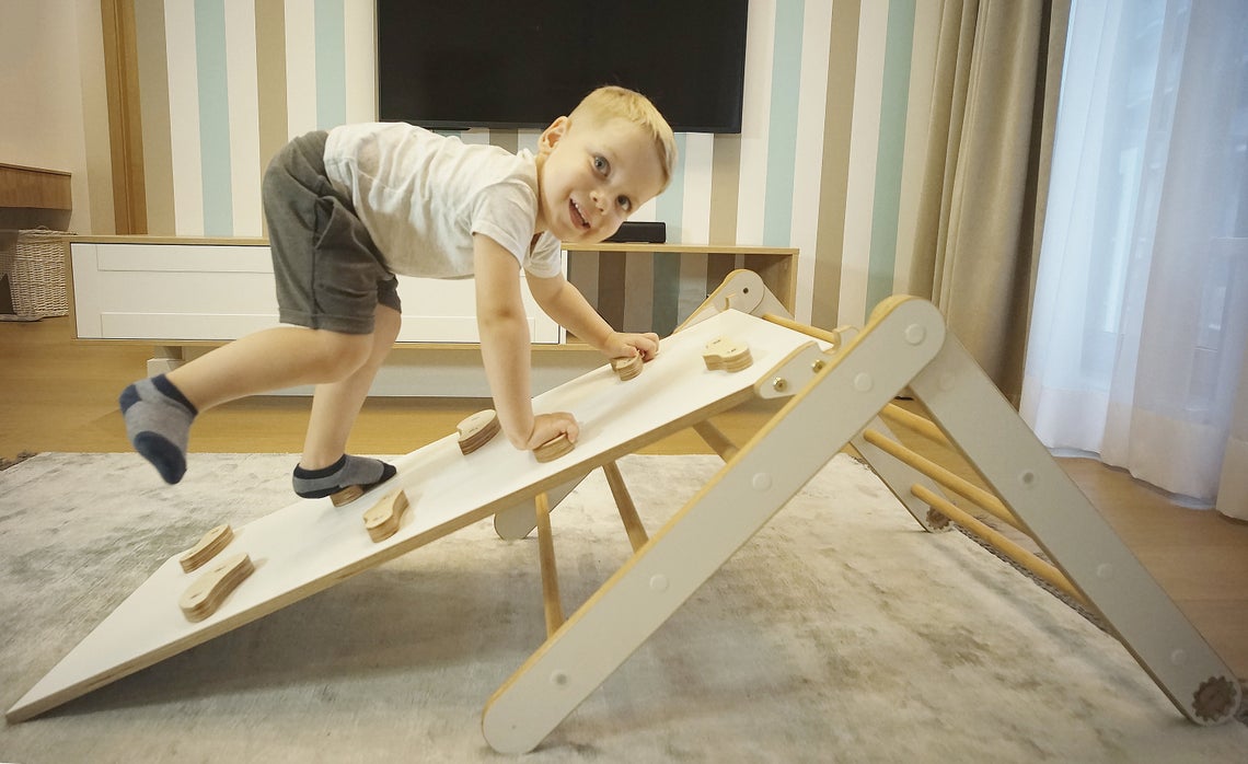 Foldable Wooden Climbing Triangle with Sliding Ramp, Climbing Triangle For Toddlers, Montessori Toy
